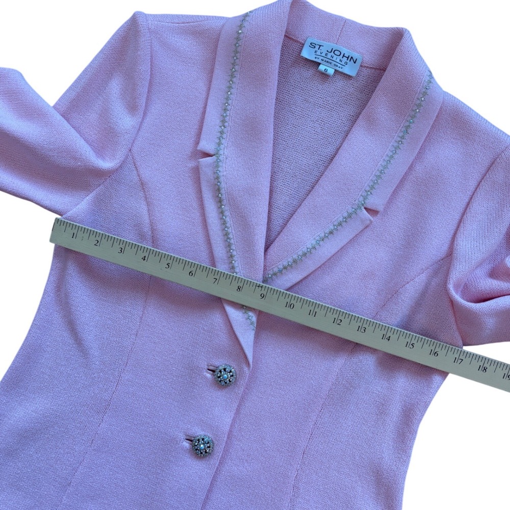 St. John Evening Marie Gray Pink Knit Skirt Suit Rhinestone Trim Blazer Set 6 - Picture 6 of 13